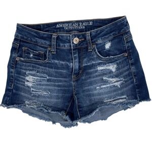 American Eagle Outfitters Super Stretch Midi Distressed Denim Shorts Blue Size 4